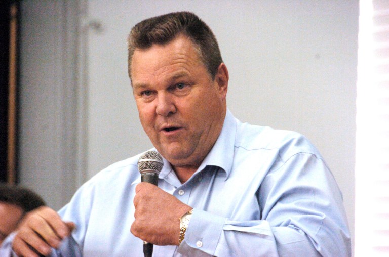 U.S. Sen. Jon Tester addresses fellow Democrats at a rally in Billings, Mont (AP Photo/Matthew Brown)