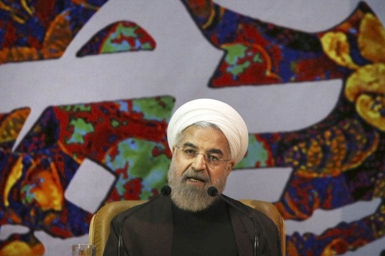 In this Sunday, April 12, 2015 file photo, Iranian President Hassan Rouhani speaks at a ceremony to commemorate the late Khadijeh Saghafi, wife of late revolutionary founder Ayatollah Khomeini, in Tehran, Iran. Rouhani has dismissed pressure from the U.S. Congress over a preliminary deal on Iran's nuclear program, saying that Tehran is dealing with world powers not American lawmakers. (AP Photo/Vahid Salemi, File)