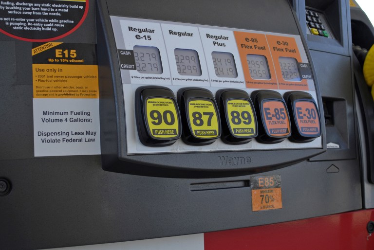 A gas station pump with various grades of fuel, including E15, which contains 5 percent more ethanol than the current 10 percent norm sold at most U.S. gas stations. (AP/Renewable Fuels Association)