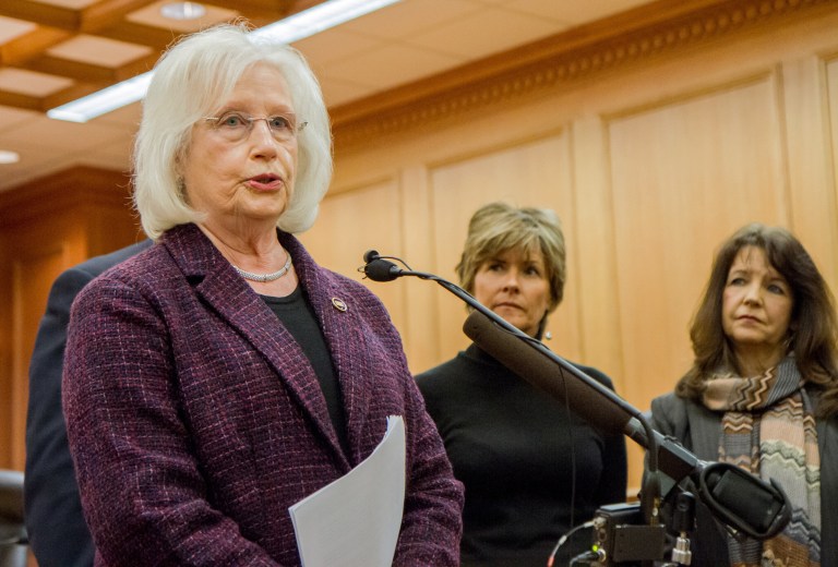 Republican Sen. Mae Beavers of Mt. Juliet, left, speaks at a press conference in Nashville, Tenn., on Jan. 15 about her bill seeking to ban state participation in the federal health care law. To her right are state Republican Reps.Terri Lynn Weaver of Lancaster and Sheila Butt of Columbia. (AP Photo/Erik Schelzig)