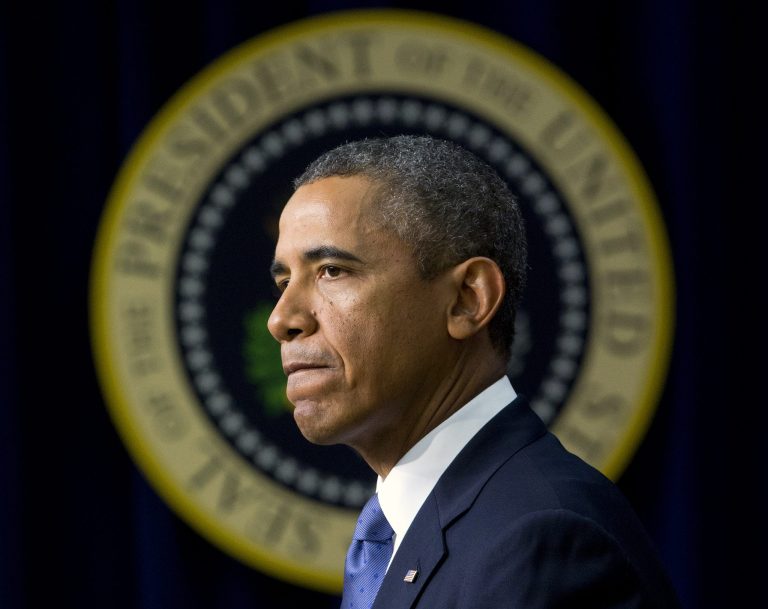   In this photo taken Monday, Sept. 16, 2013, President Barack Obama pauses as he speaks in the South Court Auditorium on the White House complex, in Washington. Obama, facing a budget showdown with Congress, is pushing his economic agenda to some of the nationâs top corporate executives today while cautioning Republicans not to precipitate a government shutdown or an unprecedented debt default. (AP Photo/Pablo Martinez Monsivais)  
