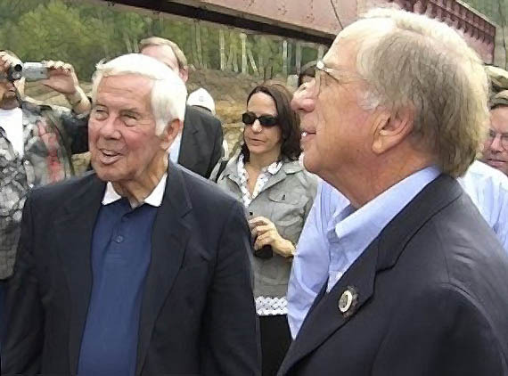 Former Sens. Richard Lugar, left, and Sam Nunn, are pictured near Shchuchye, Russia, in 2007. (AP Photo/Douglas Birch)