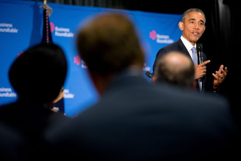 President Obama speaks to business leaders at the quarterly meeting of the Business Roundtable in Washington, Wednesday, Sept. 16, 2015, to renew his calls for increased spending in infrastructure, education and scientific research. (AP Photo/Andrew Harnik)