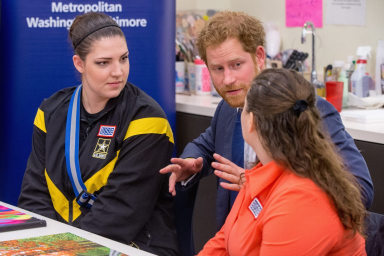 Britain's Prince Harry meets with servicewomen as he tours the USO Warrior and Family Center at the Fort Belvoir military base, Wednesday, Oct. 28, 2015 in Fort Belvoir, Va.Â (AP Photo/AndrewÂ Harnik)