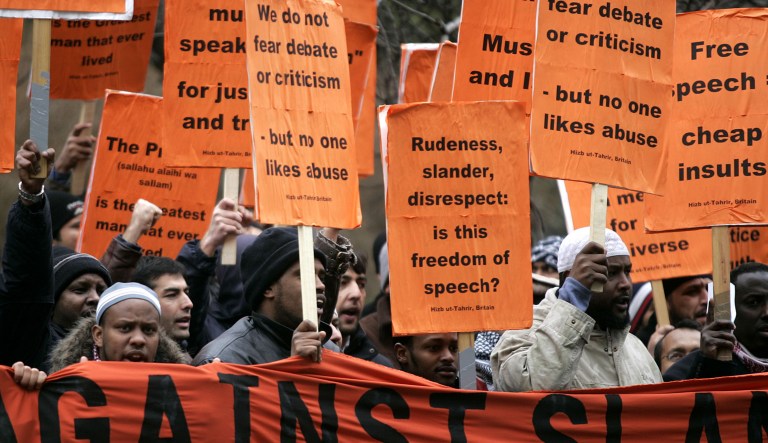 In 2006, protesters chant slogans during a demonstration in front of the Danish embassy against the publication of cartoons depicting the Prophet Muhammad. (AP Photo/Akira Suemori)