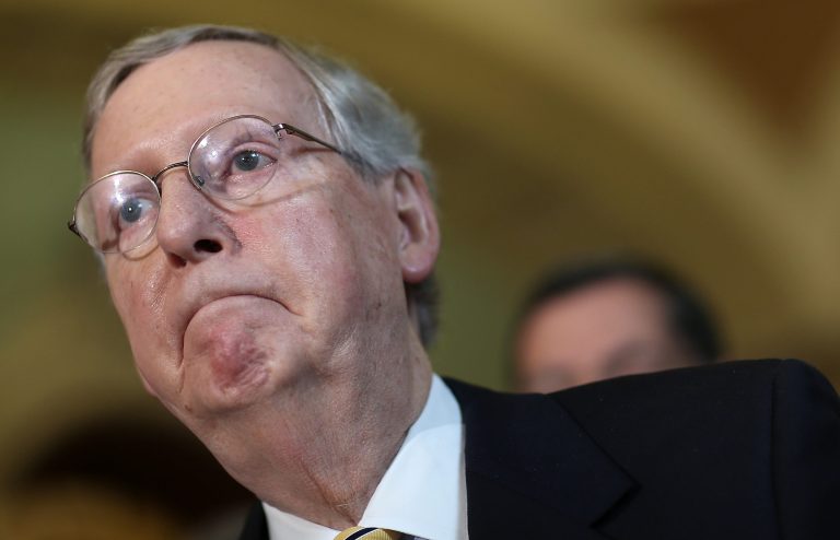 Sen. Majority Leader Mitch McConnell answers questions from the media following the Senate policy luncheons at the U.S. Capitol on April 21, 2015 in Washington. (Photo by Win McNamee/Getty Images)