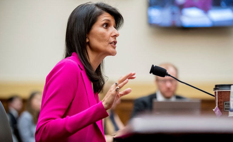 Nikki Haley, U.S. ambassador to the United Nations, was mocked by Twitter users Wednesday even after she boasted on social media about funding cuts she's helping to implement. (AP Photo/Andrew Harnik)