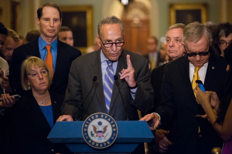 Senator Chuck Schumer, D-NY, with other Democratic leaders, speaks to the press before voting on a procedure vote for President Obama's Trade Promotion Authority bill, on Capitol Hill, in Washington, May 12. 2015. (Graeme Jennings/Washington Examiner)