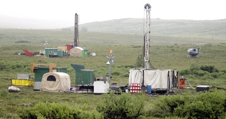 Workers drill test holes at the Pebble Mine near Bristol Bay in Southwest Alaska.