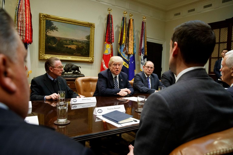 President Trump speaks during a meeting with the Fraternal Order of Police on Tuesday, March 28, 2017, in the Roosevelt Room of the White House, Tuesday, March 28, 2017. (AP Photo/Evan Vucci)