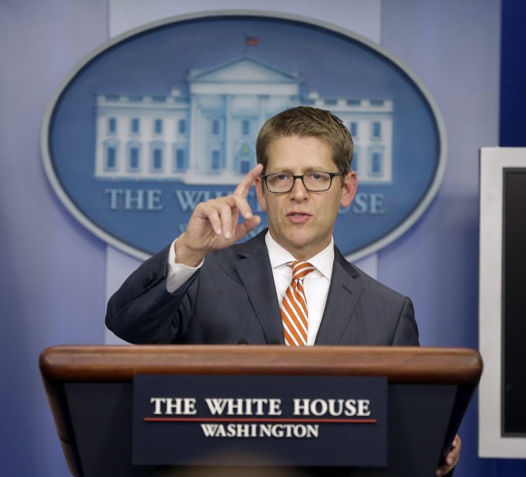 White House press secretary Jay Carney gestures during his daily news briefing at the White House in Washington, Friday, Oct. 4, 2013, where he took questions regarding the government shutdown. (AP Photo/Pablo Martinez Monsivais)