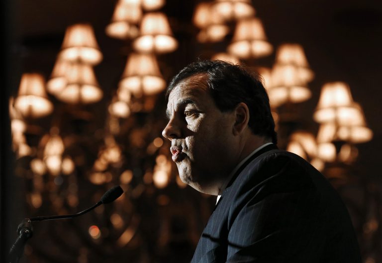 New Jersey Gov. Chris Christie gives the keynote address at the Macomb County Republican Party's annual Lincoln Dinner fundraiser in Shelby Township, Mich., Friday night. (AP Photo/Paul Sancya)