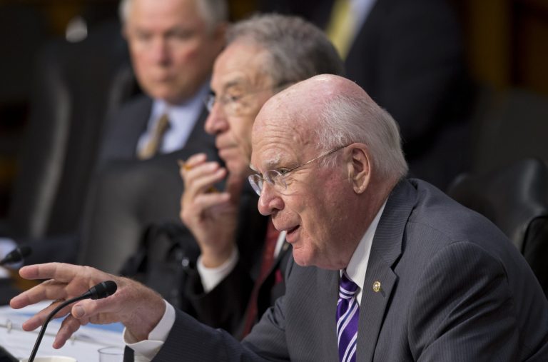 Chairman of the Judiciary Committee, Sen. Patrick Leahy, D-Vt., center, questions top Obama administration officials about the National Security Agency's surveillance programs for the first time since the House narrowly rejected a proposal last week to effectively shut down the NSA's secret collection of hundreds of millions of Americans' phone records, on Capitol Hill in Washington, Wednesday, July 31. Sen. Chuck Grassley, R-Iowa, the ranking member, sits at middle left, with Sen. Jeff Sessions, R-Ala., top. (AP/J. Scott Applewhite)