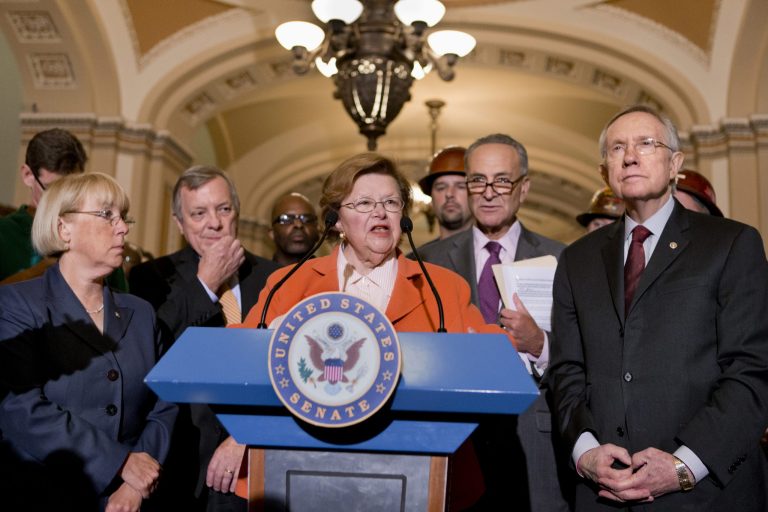 Sen. Barbara Mikulski, D-Md., chair of the Senate Appropriations Committee, and other Senate Democratic leaders, speak to reporters after Senate Republicans killed a $54 billion funding bill for transportation, housing and community development grants because it exceeded spending limits required under automatic budget cuts, at the Capitol in Washington, Thursday, Aug. 1. From left to right are Sen. Patty Murray, D-Wash., chair of the Senate Budget Committee, Sen. Dick Durbin, D-Ill., Sen. Barbara Mikulski, D-Md., Sen. Chuck Schumer, D-N.Y., and Senate Majority Leader Harry Reid, D-Nev. (AP/J. Scott Applewhite)