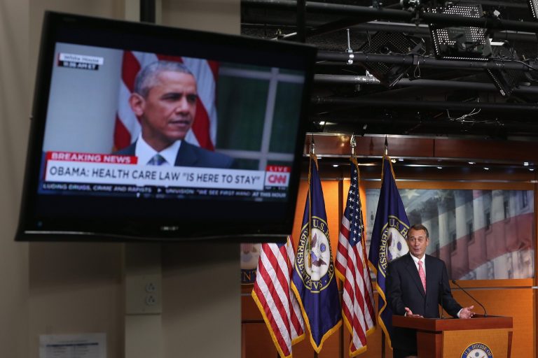 Speaker of the House John Boehner, R-Ohio, holds his weekly news conference at the same time President Barack Obama appears on television to make a statement about the Supreme Court ruling on Obamacare at the U.S. Capitol June 25, 2015 in Washington, DC. The Supreme Court handed down a 6-3 decision that the Affordable Care Act authorized federal tax credits for eligible Americans living not only in states with their own exchanges but also in the 34 states with federal exchanges, a major victory for Democrats and Obama. (Photo by Chip Somodevilla/Getty Images)
