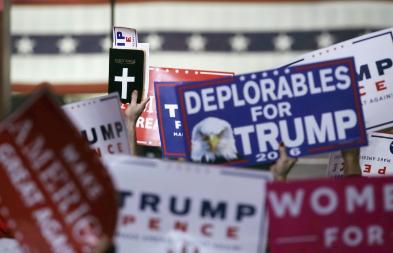 Donald Trump tells his followers not to be deplorable. (AP Photo/Charles Krupa)