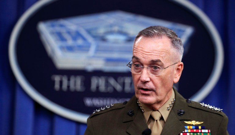 Dunford was responding to a reporter who had pointed out that other members of the administration have hinted that journalists should not be asking questions about the events leading up to the ambush and the military's response. (AP Photo/Manuel Balce Ceneta)