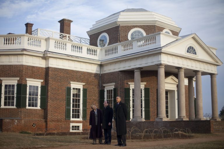 President Obama, right, and French President Francois Hollande, center, tour the grounds of Monticello, President Thomas Jefferson's estate, Monday, Feb. 10, 2014, in Charlottesville, Va. Leading the tour is Leslie Bowman, president of the Thomas Jefferson Foundation. (AP Photo/Pablo Martinez Monsivais)