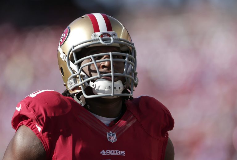 San Francisco 49ers defensive tackle Ray McDonald warms up before an NFL football game against the Chicago Bears in Santa Clara, Calif., Sunday, Sept. 14, 2014. (AP Photo/Marcio Jose Sanchez)