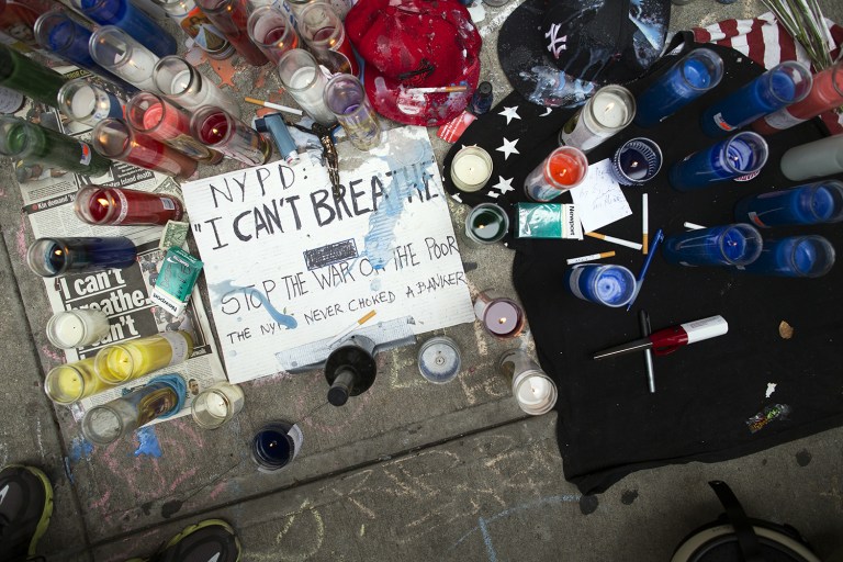 Eric Garner, 43, died in 2014 after two police officers put him into a chokehold after accusing him of selling untaxed cigarettes. The confrontation was caught on tape, which went viral, and his last words of "I can't breathe" became a slogan of the Black Lives Matter movement. (AP Photo/John Minchillo)
