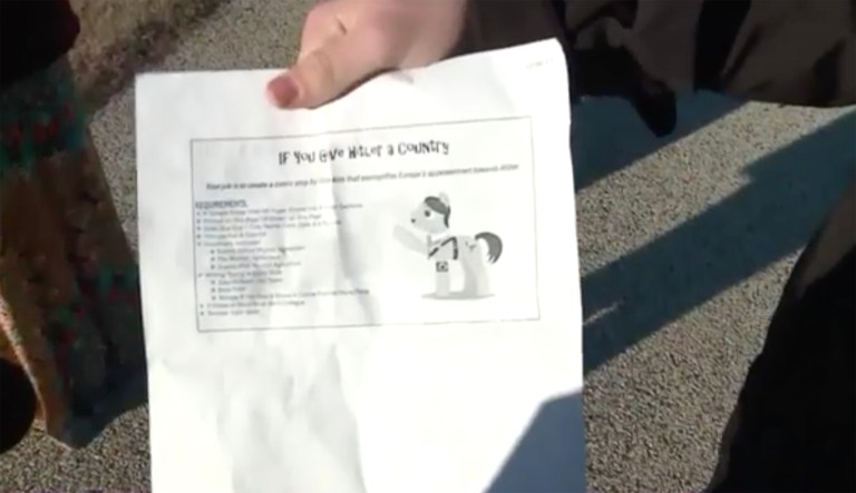 Illinois middle school parent Kelly Masterton complained online when she discovered her eighth-grade son had drawn swastikas in a cartoon for a homework assignment. (screenshot)