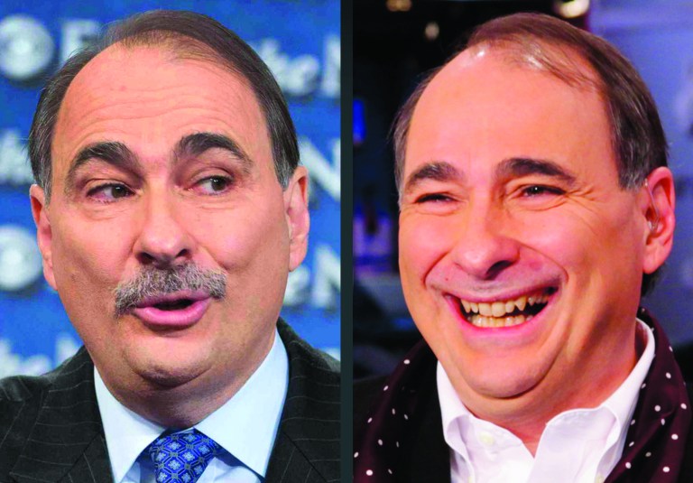 This combination of Sunday, Oct. 7, 2012, left, and Friday, Dec. 7, 2012 photos provided by CBS News and MSNBC shows David Axelrod, adviser to the Obama campaign in Washington and New York. Axelrod had his trademark moustache shaved Friday on MSNBC after the hosts of 