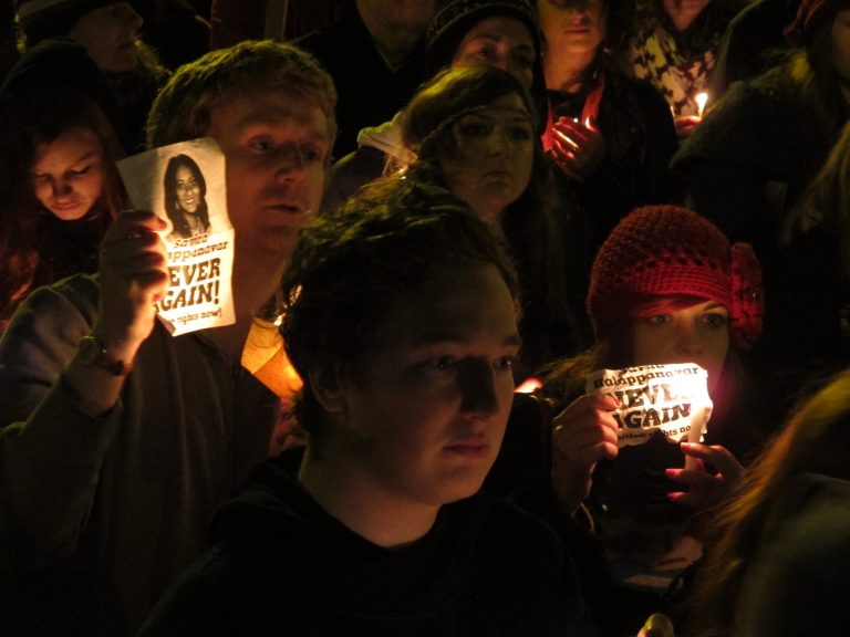 FILE - A Saturday, Nov. 17, 2012 photo from files showing abortion rights protesters hold candles and pictures in a vigil for Savita Halappanavar outside Ireland's government headquarters in Dublin. Ireland's prime minister says anti-abortion activists in the predominantly Catholic country have inundated his office with threatening packages and letters branding him a murderer, some written in blood. Enda Kenny made the declaration Wednesday, June 12, 2013, as his government prepared to publish a bill that would legalize abortions in exceptional cases where doctors deem the woman's life is in danger from continued pregnancy. Anti-abortion activists insist the proposed law would lead eventually to widespread abortion. (AP Photo/Shawn Pogatchnik, File)