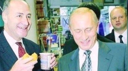 President Trump on Friday tweeted an old photograph of Senate Minority Leader Chuck Schumer smiling and eating doughnuts with Russian President Vladimir Putin. (Twiiter)