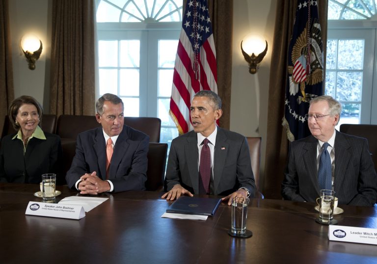 President Obama, joined by from left, House Minority Leader Nancy Pelosi of Calif., House Speaker John Boehner of Ohio, and Senate Majority Leader Mitch McConnell of Ky., right, speaks to media as he meets with bipartisan, bicameral leadership of Congress to discuss a wide range of issues. (AP Photo/Carolyn Kaster)
