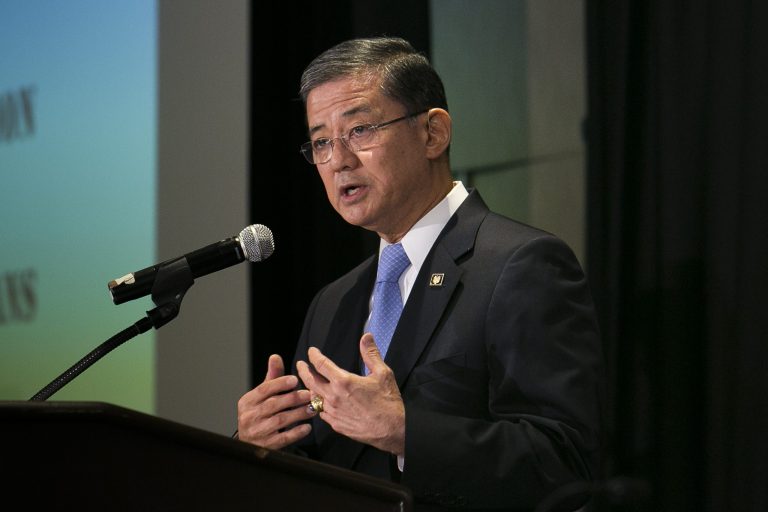 Veterans Affairs Secretary Eric Shinseki fought for his job Friday, apologizing to the veterans and the nation for a breach of integrity at the agency and announcing a set of reforms including the firing of senior leaders at the Phoenix medical facility. (Graeme Jennings/Washington Examiner)