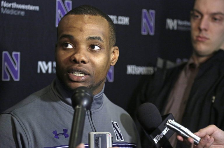 Northwestern running back Venric Mark speaks at a news conference after his football team participates in a NCAA college football practice April 1 in Evanston, Ill. (AP/M. Spencer Green)