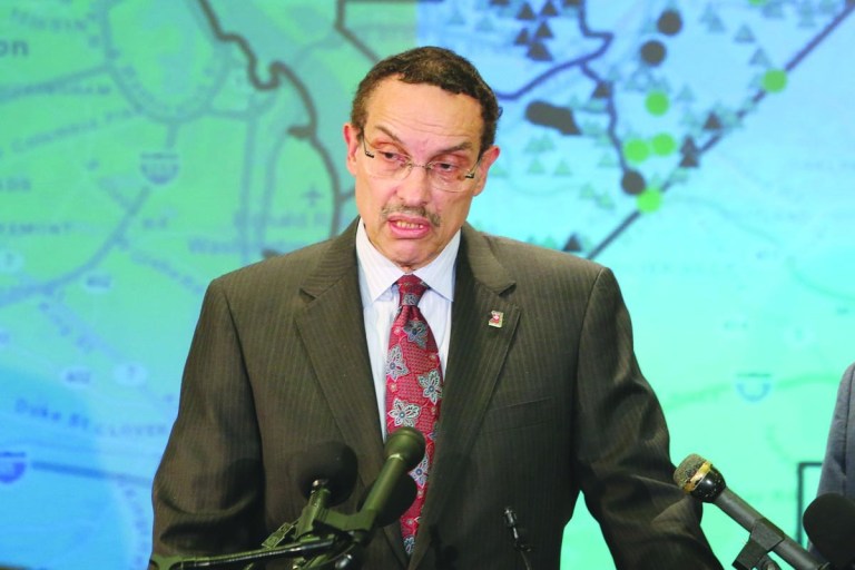 Washington D.C. Mayor, Vinent Gray, speaks at a press conference at the Emergency Operations Center in southeast Washington D.C. Monday, June 2, 2012