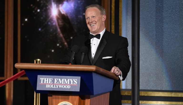 Sean Spicer speaks at the 69th Primetime Emmy Awards on Sunday at the Microsoft Theater in Los Angeles. (Photo by Chris Pizzello/Invision/AP)