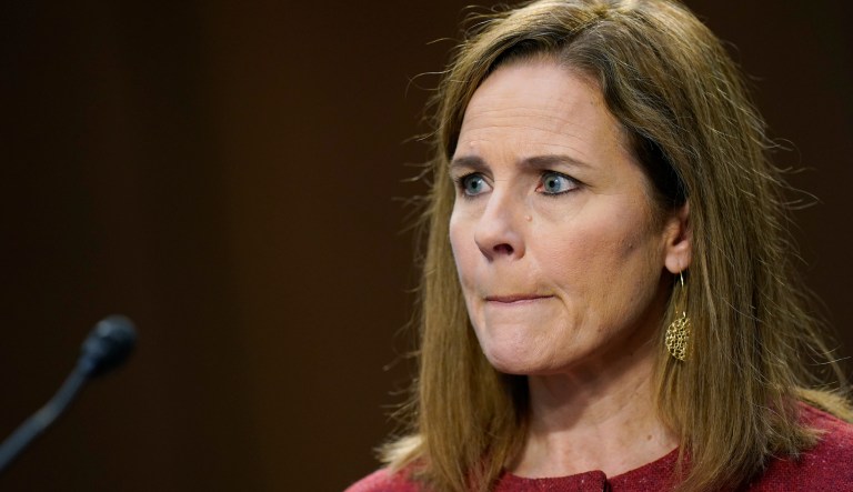 Supreme Court nominee Amy Coney Barrett listens during a confirmation hearing before the Senate Judiciary Committee, Tuesday, Oct. 13, 2020, on Capitol Hill in Washington.
