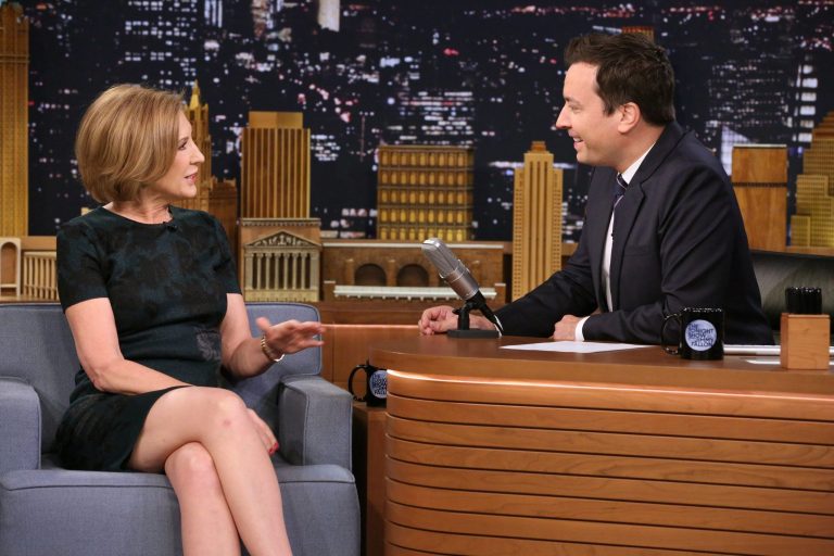 Republican presidential candidate Carly Fiorina, left, appears with host Jimmy Fallon during a taping of 