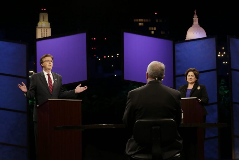 Texas Lieutenant Governor hopefuls state Sen. Dan Patrick, R-Houston, left, and state Sen. Leticia Van de Putte, D-San Antonio, right, take part in a televised debate, Monday, Sept. 29, 2014, in Austin, Texas. (AP Photo/Eric Gay, Pool)
