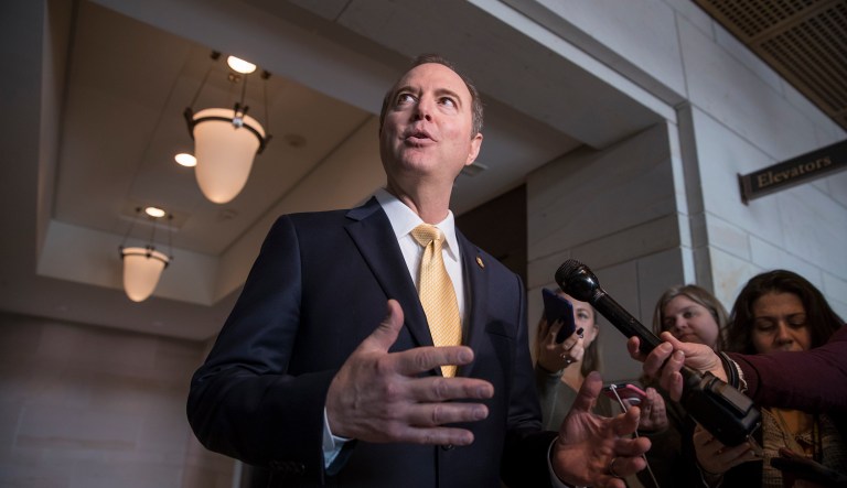 Rep. Adam Schiff, D-Calif., ranking member of the House Permanent Select Committee on Intelligence, speaks with reporters at the Capitol in Washington.