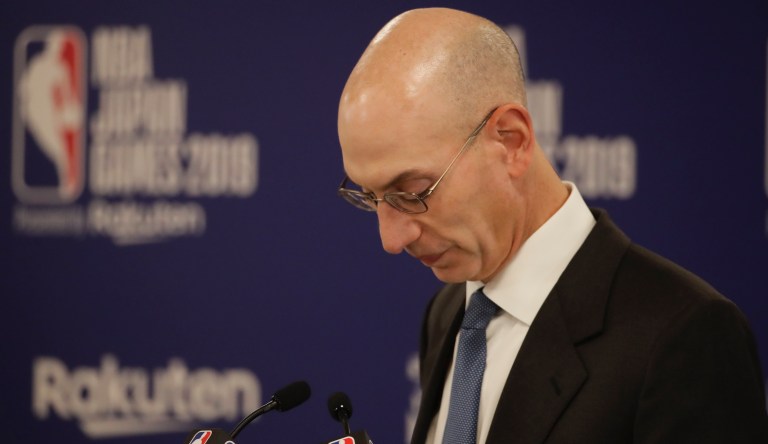 NBA Commissioner Adam Silver pauses while speaking at a news conference before an NBA preseason basketball game between the Houston Rockets and the Toronto Raptors Tuesday, Oct. 8, 2019, in Saitama, near Tokyo. 