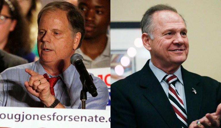 The poll, conducted by JMC Analytics and Polling, has Jones at 46 percent compared to Moore's 42 percent among likely voters. (AP Photos)