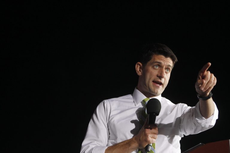 Republican vice presidential candidate, Rep. Paul Ryan, R-Wis., speaks during a campaign event in Panama City, Fla. on Saturday, Nov. 3, 2012 (AP Photo/Mary Altaffer)