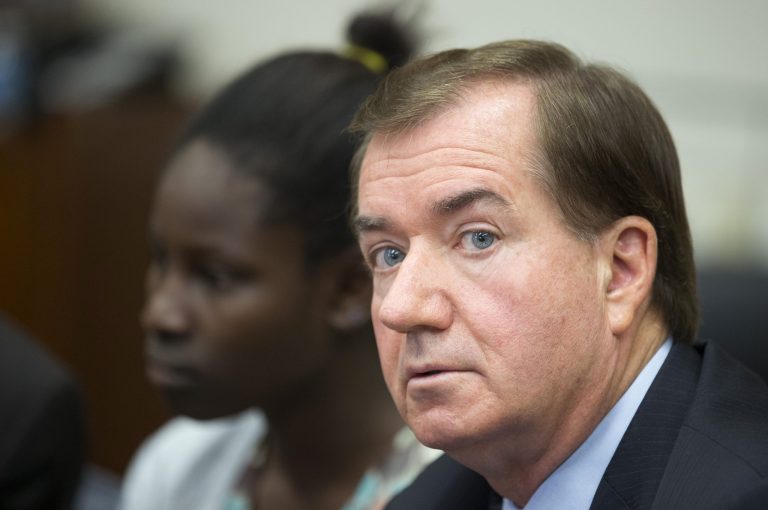 House Foreign Affairs Committee Chairman Rep. Ed Royce, R-Calif., listens to reporters' question during a news conference with Deborah Peter, left, on Capitol Hill in Washington, Wednesday, May 21, 2014. Peter, is a sole survivor of a Dec. 11, 2011, Boko Haram attack on her household in Nigeria, where her father and brother were killed for not renouncing their Christian faith.  (AP Photo/Manuel Balce Ceneta)