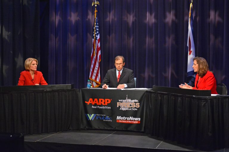 Democratic hopeful Natalie Tennant, right, and U.S. Rep. Shelley Moore Capito, R-W.Va., during a debate for the U.S. Senate seat at the Clay Center in Charleston W.Va. on Tuesday. (AP Photo/Tyler Evert)