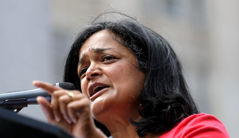 A trio of House Democrats, including Rep. Pramila Jayapal of Washington, unveiled a congressional resolution to censure President Trump for his comments about the violent white nationalist rally in Charlottesville, Va. (AP Photo/Elaine Thompson)