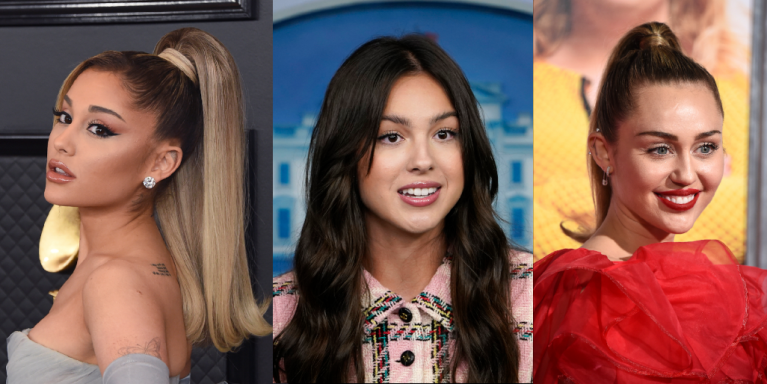 From left to right: Ariana Grande, Olivia Rodrigo, and Miley Cyrus are seen.