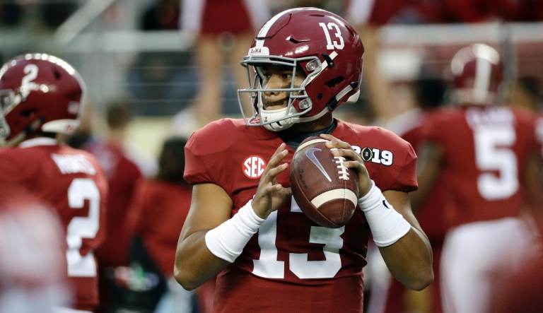Alabama's Tua Tagovailoa warms up before the NCAA college football playoff championship game against Clemson, Monday, Jan. 7, 2019, in Santa Clara, Calif. 