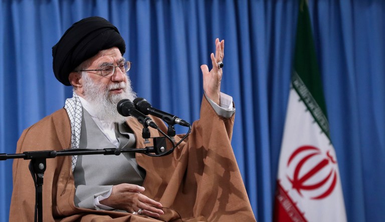 In this picture released by an official website of the office of the Iranian supreme leader, Supreme Leader Ayatollah Ali Khamenei speaks at a meeting with a group of  Revolutionary Guards and their families, in Tehran, Iran, Tuesday, April 9, 2019.