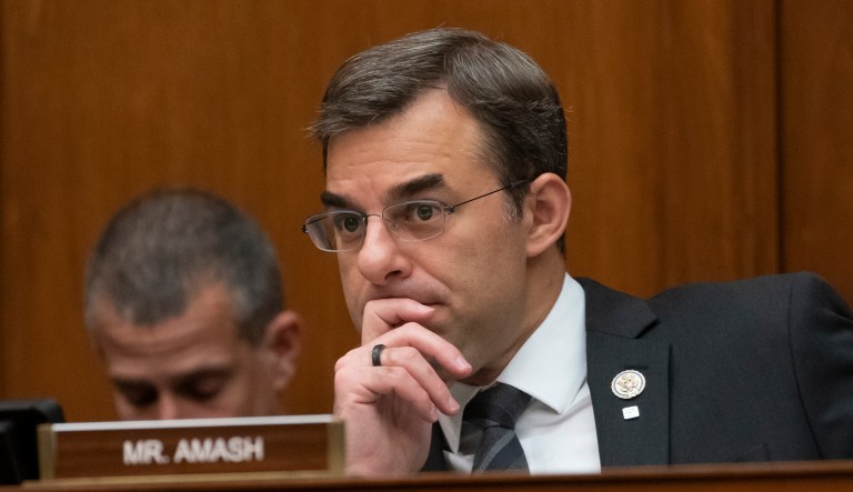 FILE - In this June 12, 2019 file photo, Rep. Justin Amash, R-Mich., listens to debate as the House Oversight and Reform Committee considers whether to hold Attorney General William Barr and Commerce Secretary Wilbur Ross in contempt for failing to turn over subpoenaed documents related to the Trump administration's decision to add a citizenship question to the 2020 census, on Capitol Hill in Washington. Amash, the only Republican in Congress to support the impeachment of President Donald Trump, said Thursday, July 3 he is leaving the GOP because he has become disenchanted with partisan politics and "frightened by what I see from it."