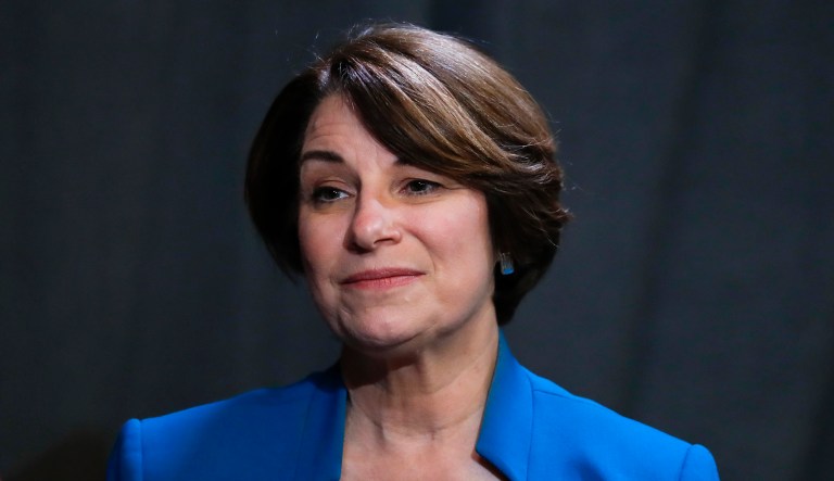 Democratic presidential candidate Sen. Amy Klobuchar, D-Minn., listens to a question during an interview before speaking at the National Organization of Black County Officials annual Economic Development Conference in Detroit, Friday, May 3, 2019.