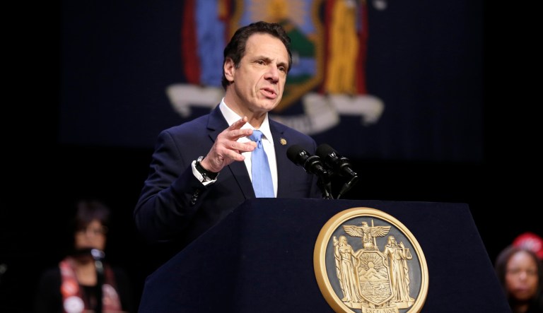 New York Governor Andrew Cuomo speaks during a bill signing ceremony in New York, Monday, Feb. 25, 2019. Cuomo was joined by House Speaker Nancy Pelosi as he signed a "red flag" bill, which attempts to prevent people who present a threat to themselves or others from purchasing or owning a gun.