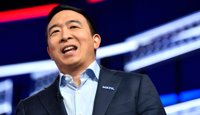 Democratic presidential candidate entrepreneur Andrew Yang speaks at the Presidential Gun Sense Forum, Saturday, Aug. 10, 2019, in Des Moines, Iowa.
